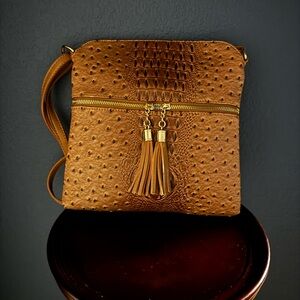 Faux Ostrich Crossbody Bag – Tan / Cognac – Excellent Condition